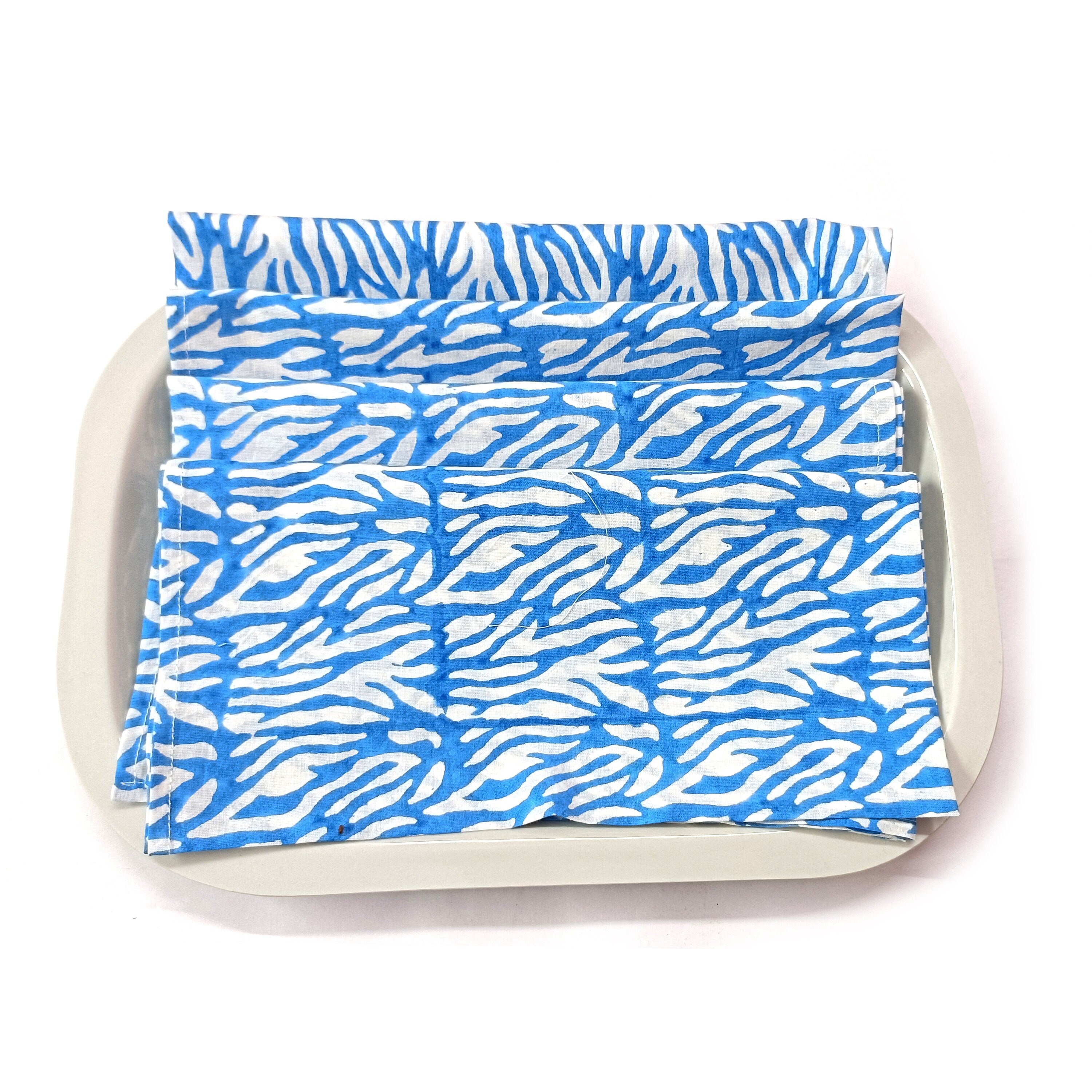 Blue Abstract Print Cotton Napkin Set, Hand Block Printed Cloth Napkins, Reusable Eco Friendly Dinner Napkins, Modern Table Linen, Sustainable Kitchen Decor Set of 4