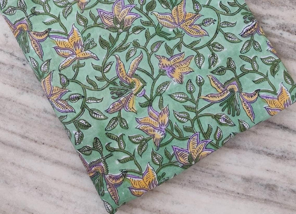 Green Floral Cotton Fabric by the Yard, Hand Block Print Fabric with Purple & Mustard Flowers, Indian Cotton for Sewing, Quilting, Textile