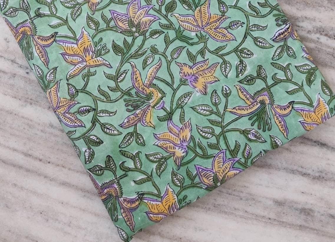Green Floral Cotton Fabric by the Yard, Hand Block Print Fabric with Purple & Mustard Flowers, Indian Cotton for Sewing, Quilting, Textile