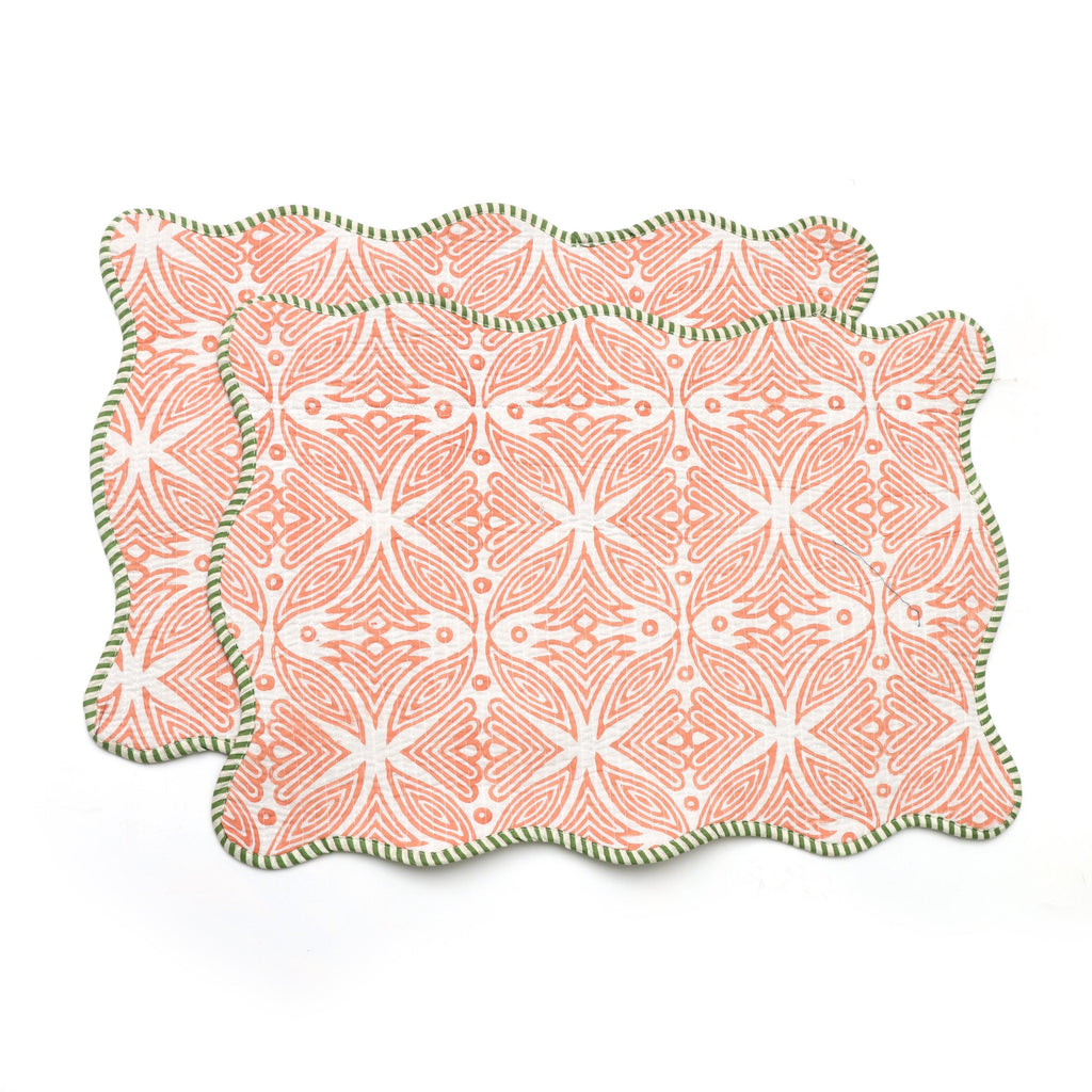 Table Mat Scalloped Handmade Quilted Placemat, Orange & Green Floral Block Print Table Mat, Cotton Placemat, Dining Table Quilted Placemats