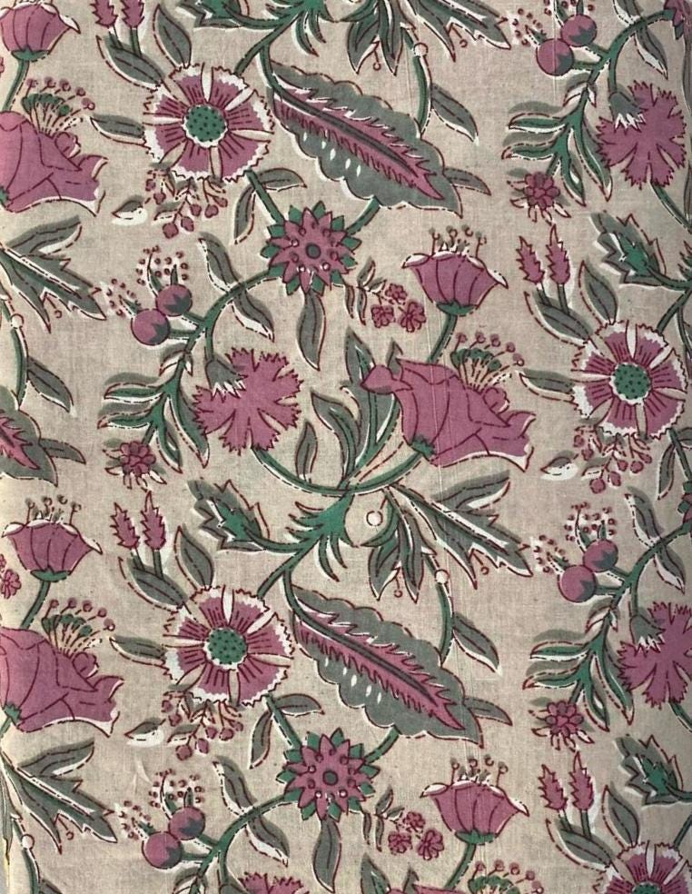 Hand Block Print Cotton Fabric: Indian Floral Quilting Fabric By The Yard