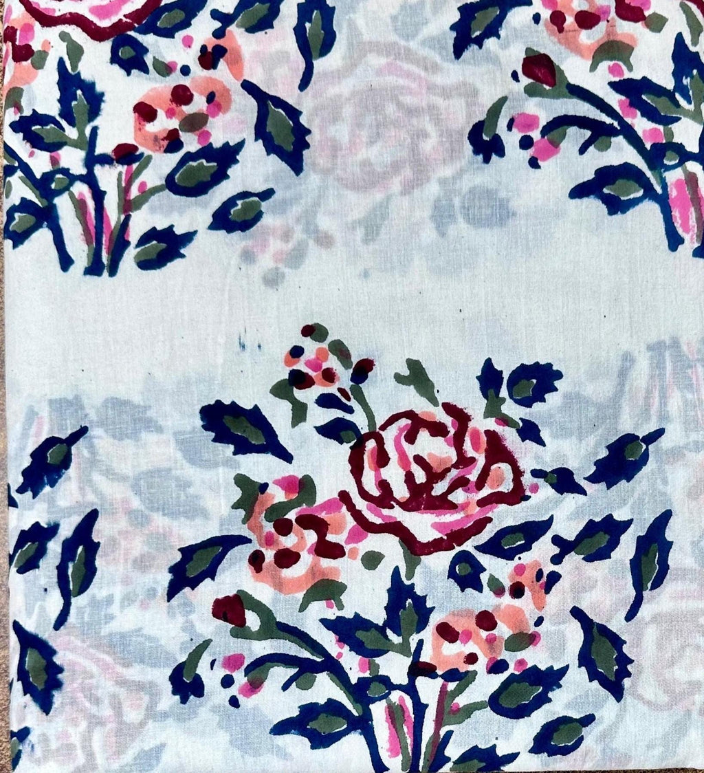 Flower Floral Cotton Fabric by the Yard, White Blue Block Print Cotton Cloth, Soft Cotton Fabric for Sewing, Quilting, Dressmaking Crafts