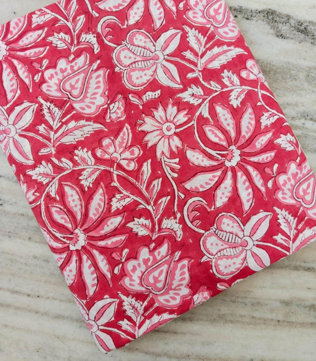 Red Pink Floral Cotton Fabric, Block Print Style Fabric by Yard, Soft Cotton for Sewing, Quilting, Dresses, Home Decor Bulk Fabric Available