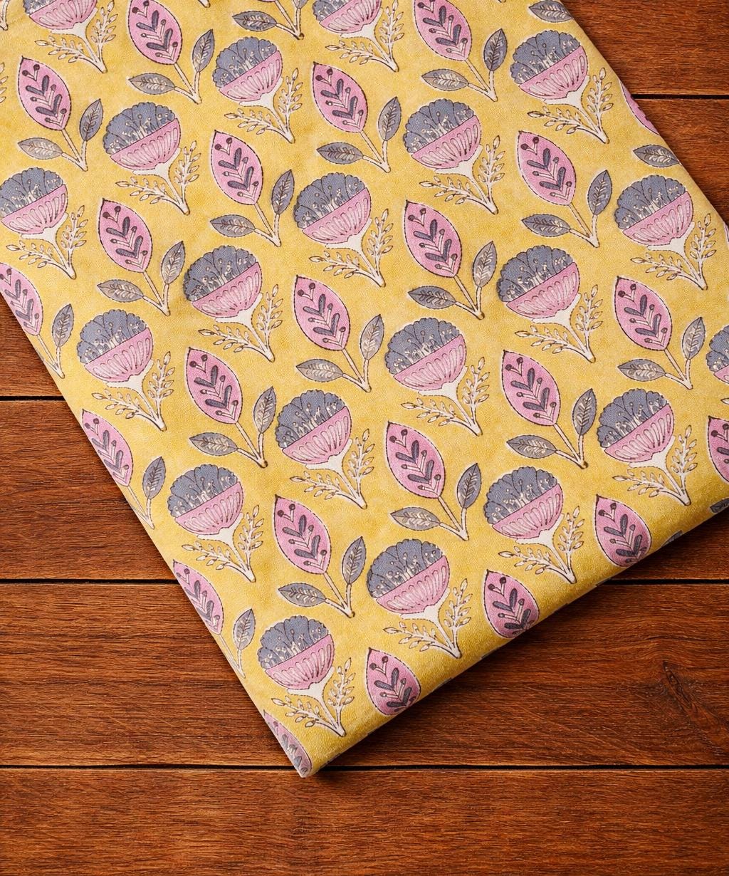 Yellow Floral Block Print Cotton Fabric, Hand Printed Indian Cotton Fabric, Soft Cotton Textile, Sewing Quilting For Dress Making Fabric