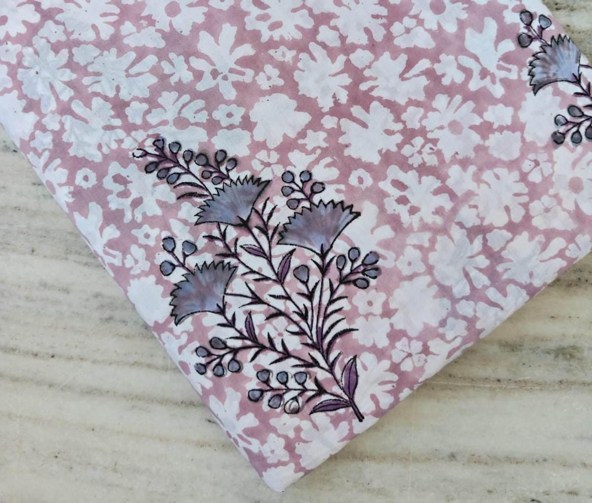 Pink Cotton Fabric with Green Floral Print, Handmade Indian Block Print Fabric by the Yard, Soft Cotton for Quilting, Sewing, Dressmaking