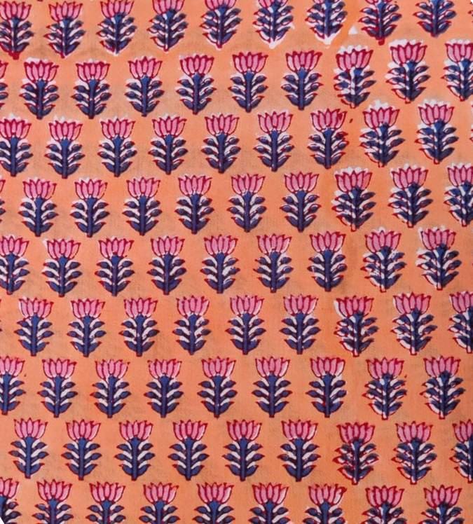 Hand Block Printed Cotton Fabric: Floral Design, Soft Material By The Yard