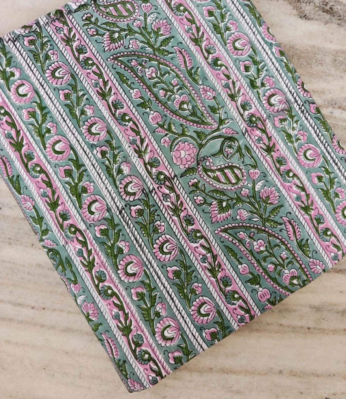 Hand Block Print Cotton Fabric, Paisley Stripe Floral Fabric, Indian Cotton Yardage, Green Pink Boho Fabric, Sewing Quilting Craft Fabric