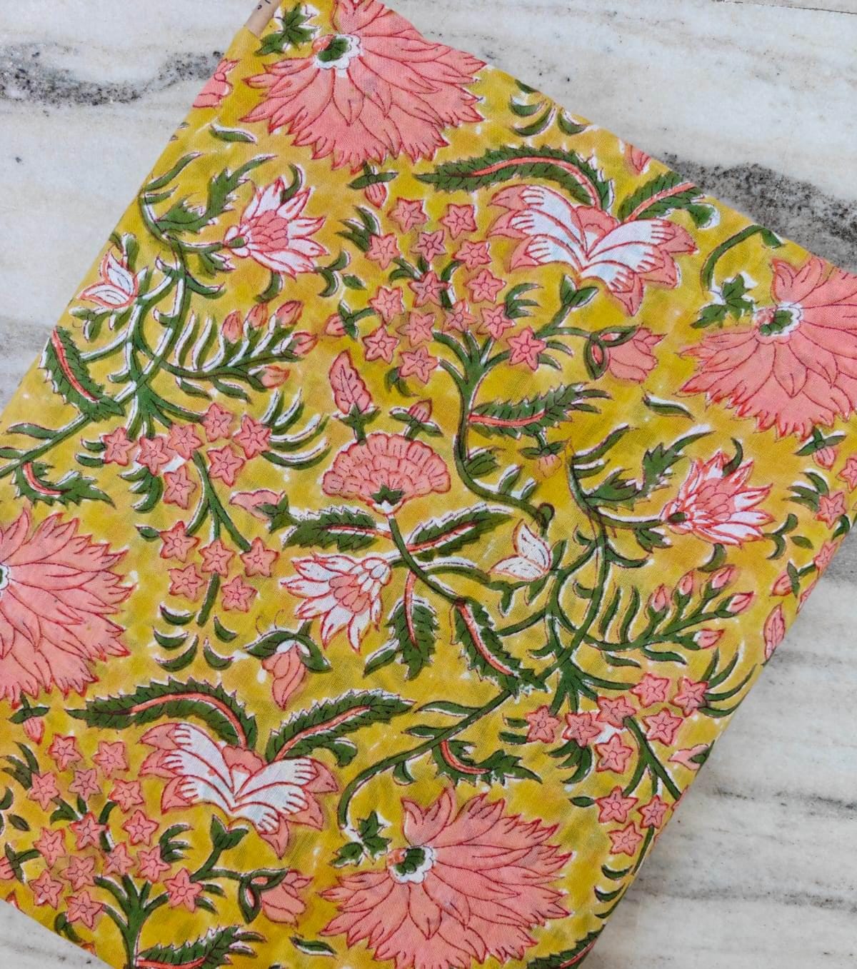 Hand Block Printed Cotton Fabric, Turquoise Floral Stripe Fabric, Indian Cotton Textile, Dressmaking Quilting Fabric, Fabric By The Yard