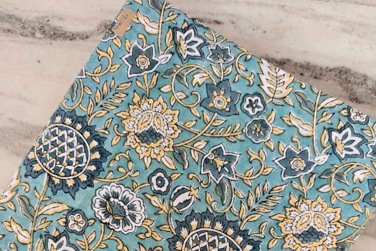 Teal Blue Floral Cotton Fabric, Hand Block Print Indian Cotton, Vintage Botanical Fabric for Quilting,  Dress Making Fabric, Running Fabric