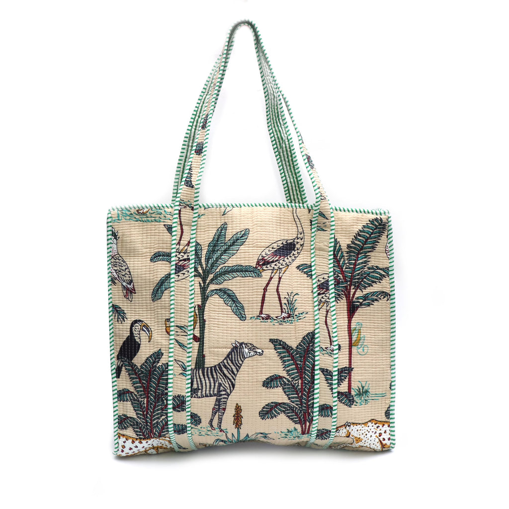 Tropical Jungle Tote Bag, Quilted Cotton Shoulder Bag, Safari Animal Print Bag, Zebra Bird Palm Tree Tote, Eco Friendly Reusable Shopper Bag