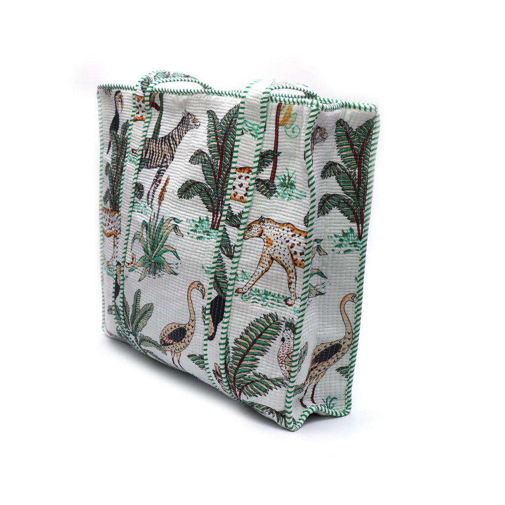 Handmade Quilted Cotton Tote Bag, White Jungle Print Shoulder Bag, Safari Animal Tote Purse, Large Everyday Market Bag, Travel Shopper Gift