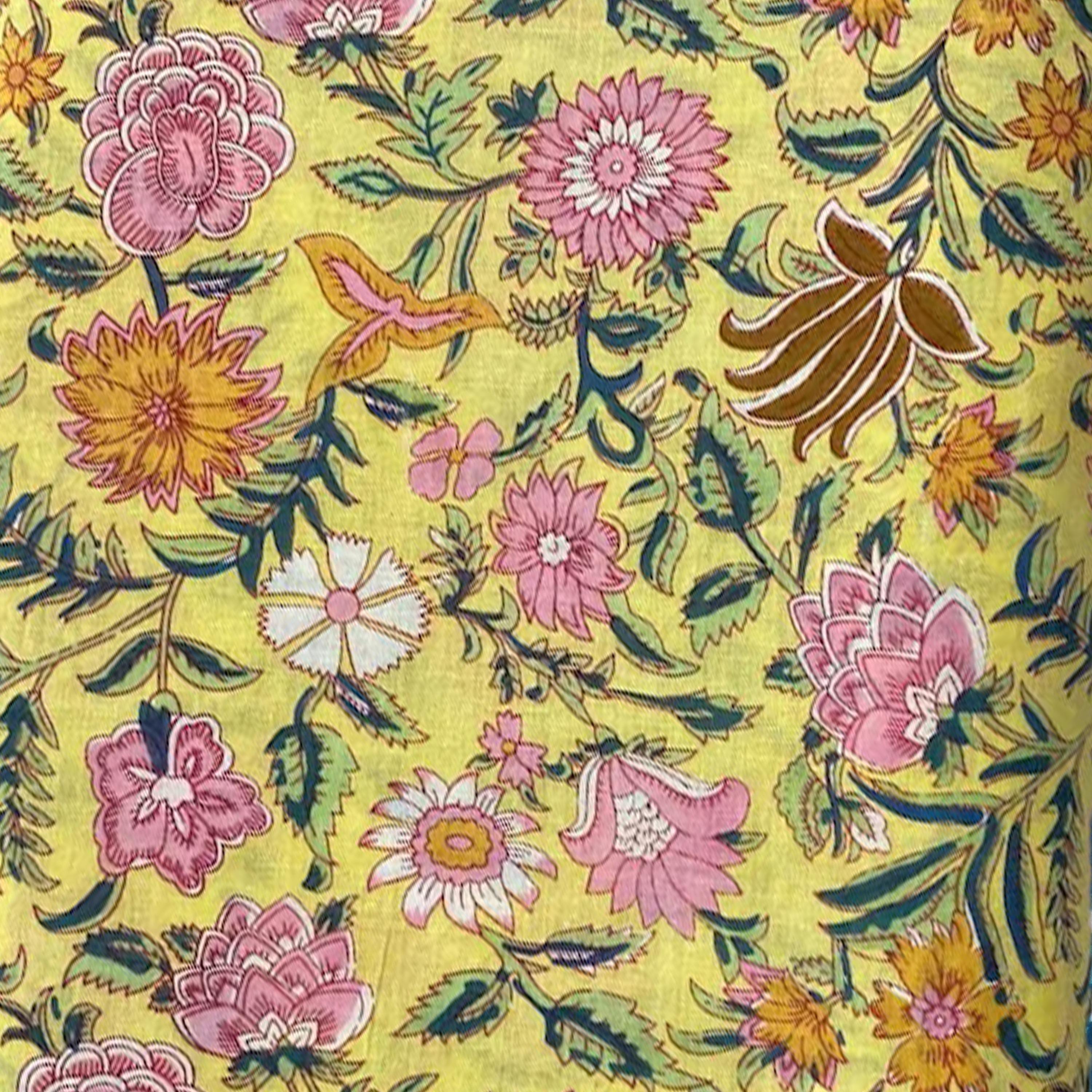 Yellow Floral Cotton Cushion Cover | Hand Block Print Pillow Cover | Pink Flower Throw Pillow | Boho Decorative Cushion | Indian Home Decor
