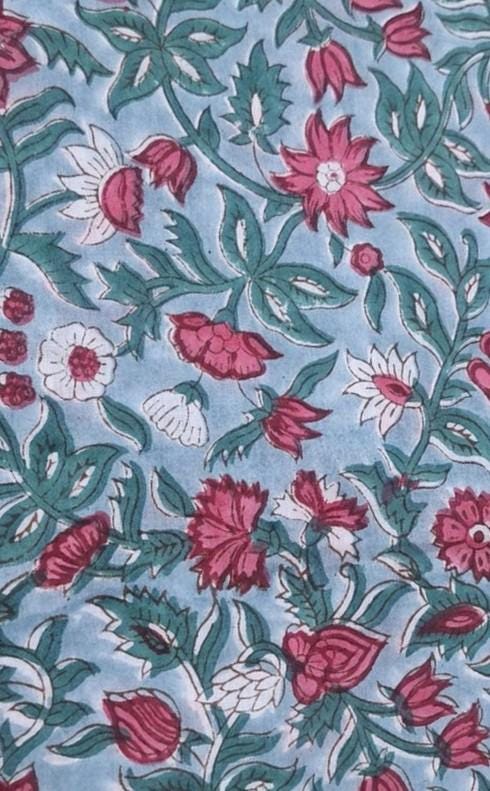Light Blue Floral Cotton Fabric, Indian Block Print Fabric by Yard, Vintage Botanical Fabric, Soft Cotton Fabric, Dressmaking, Craft