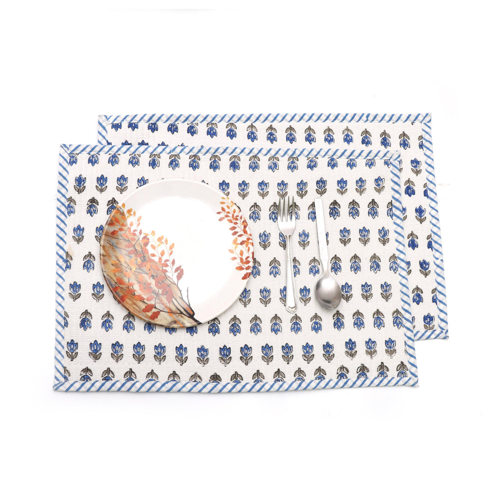 Handmade Blue Floral Hand Block Print Placemats, Quilted Cotton Table Mats, Scalloped Placemats, Kitchen & Table Decor Placemats, Gifts