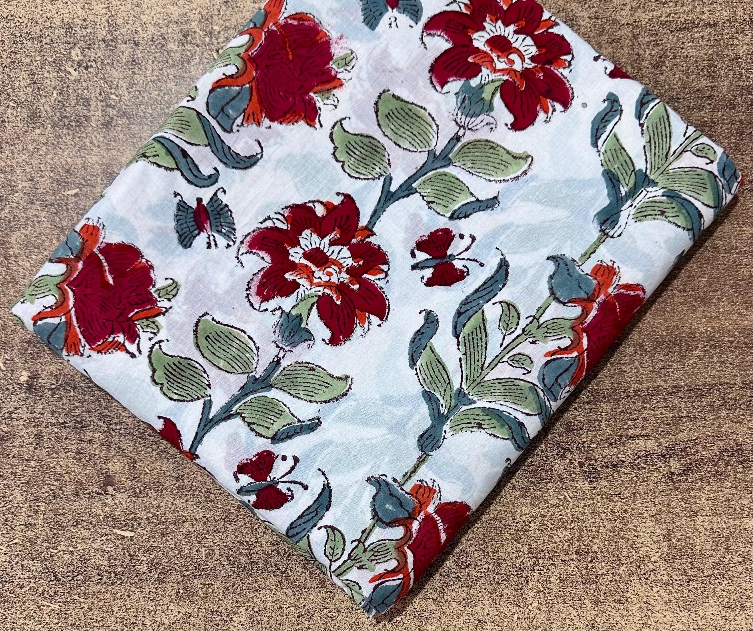 Light Blue Red Floral Hand Block Print Cotton Fabric, Indian Cotton Fabric by Yard, Vintage Flower Print Dressmaking & Quilting Fabric