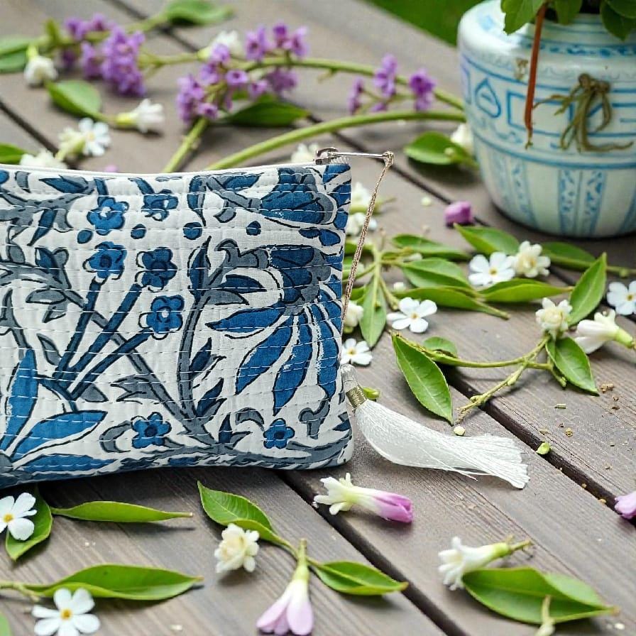 Mini Boxy Pouch with Blue Floral Embroidery Quilted Zipper Bag, Small Cosmetic Clutch, Handmade Fabric Purse, Travel Accessory, Gift for Her