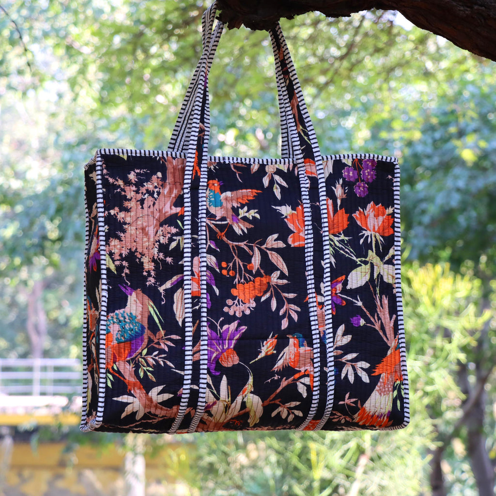 Quilted Cotton Tote Bag, Black Floral Boho Shoulder, Handmade Carryall, Reusable Shopping Bag