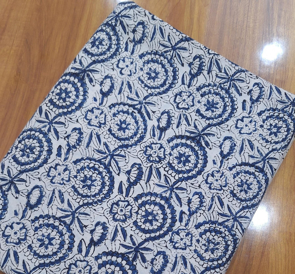 Blue Floral Block Print Cotton Fabric, Indian Hand Block Print Fabric by Yard, Boho Floral Cotton Fabric, Jaipur Print Quilting Craft Fabric
