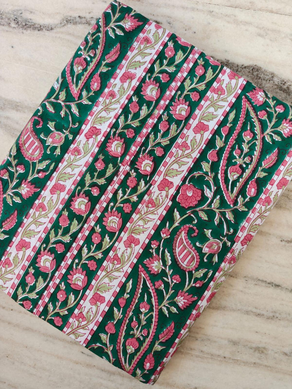 Green Floral Cotton Fabric by Yard, Indian Block Print Fabric, Pink Flower Stripe Fabric Material for Dressmaking, Quilting & Home Decor