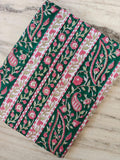 Green Floral Cotton Fabric by Yard, Indian Block Print Fabric, Pink Flower Stripe Fabric Material for Dressmaking, Quilting & Home Decor