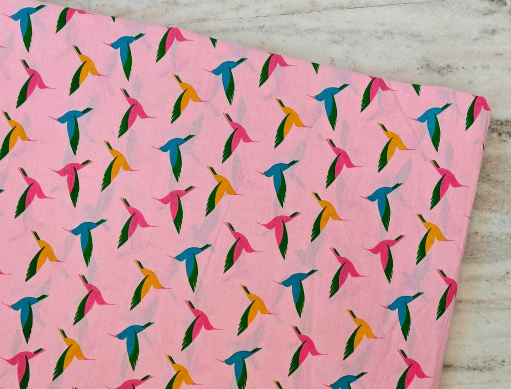 Pink Hummingbird Cotton Fabric, Colorful Bird Print Fabric, Quilting Cotton by the Yard, Sewing Craft Fabric, Nature Animal Fabric, Running