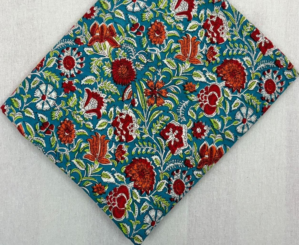 Teal Floral Cotton Fabric, Indian Hand Block Print Fabric by Yard, Red Orange Flower Sanganeri Fabric, Dressmaking Quilting Craft Textile