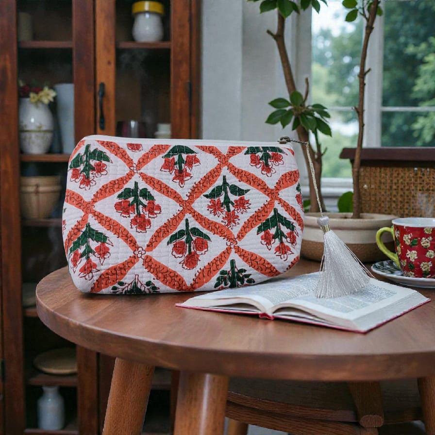 Vintage Indian Toiletry Bag, Personalized Block Print Makeup Bag, Cosmetic Bag for Women, Gifts for Mom, Quilted Cotton Travel Pouch Set