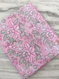 Pink Floral Cotton Fabric by the Yard, Hand Block Print Fabric with Green Leaves, Soft Indian Cotton for Sewing & Quilting, Textile Fabric