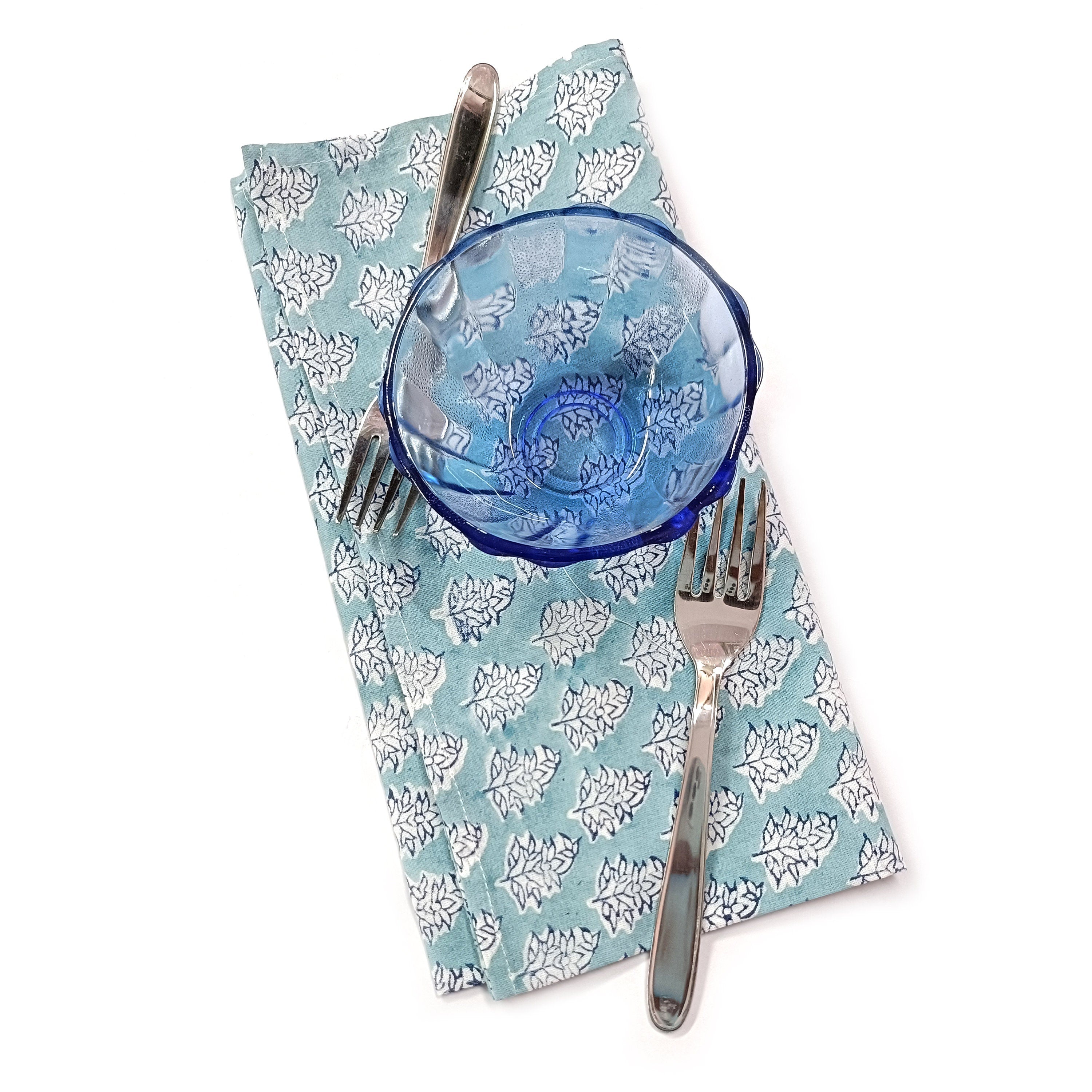 Hand Block Print Cotton Napkin Set, Blue Floral Cloth Napkins, Eco Friendly Reusable Dinner Napkins, Boho Table Linen, Sustainable Kitchen Decor, Set of 4