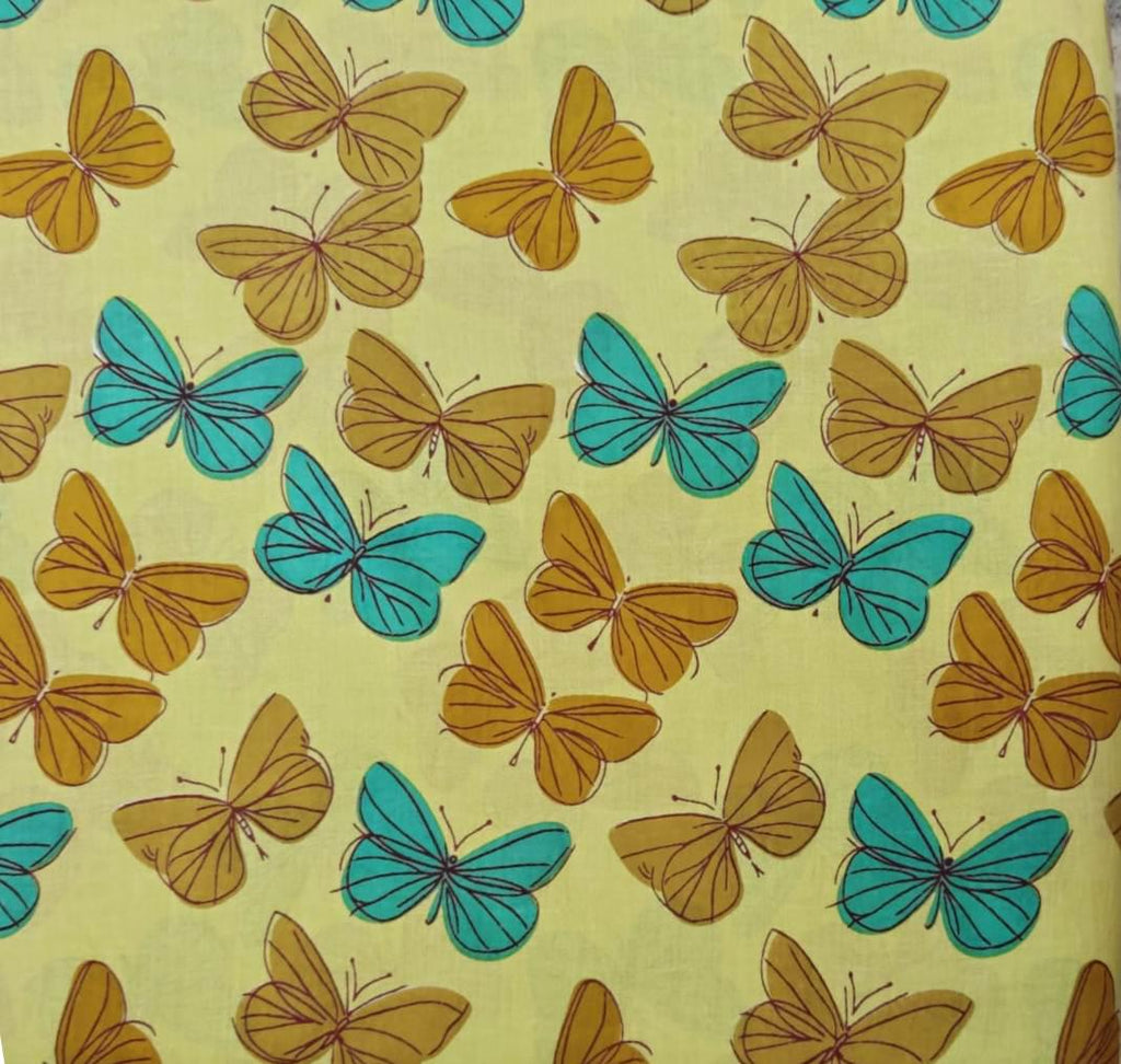 Yellow Butterfly Cotton Fabric, Teal & Mustard Butterfly Print, Quilting Fabric by the Yard, Sewing Craft Fabric, Summer Fabric Dressmaking