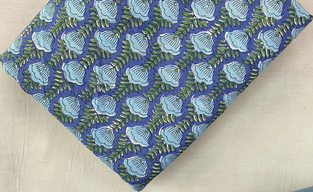 Blue Leaf Cotton Fabric, Hand Block Print Floral Fabric Indian Cotton Fabric by Yard Green Leaf Print Fabric for Quilting Sewing Dressmaking