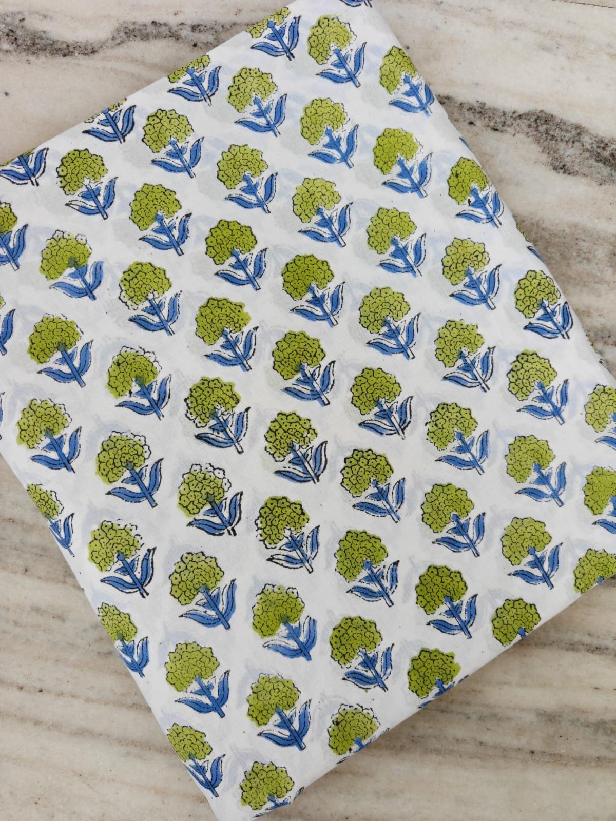 Floral Buti Block Print Cotton Fabric, Small Motif Indian Cotton Fabric, Blue Green Hand Block Print Fabric, Quilting Sewing Fabric The Yard