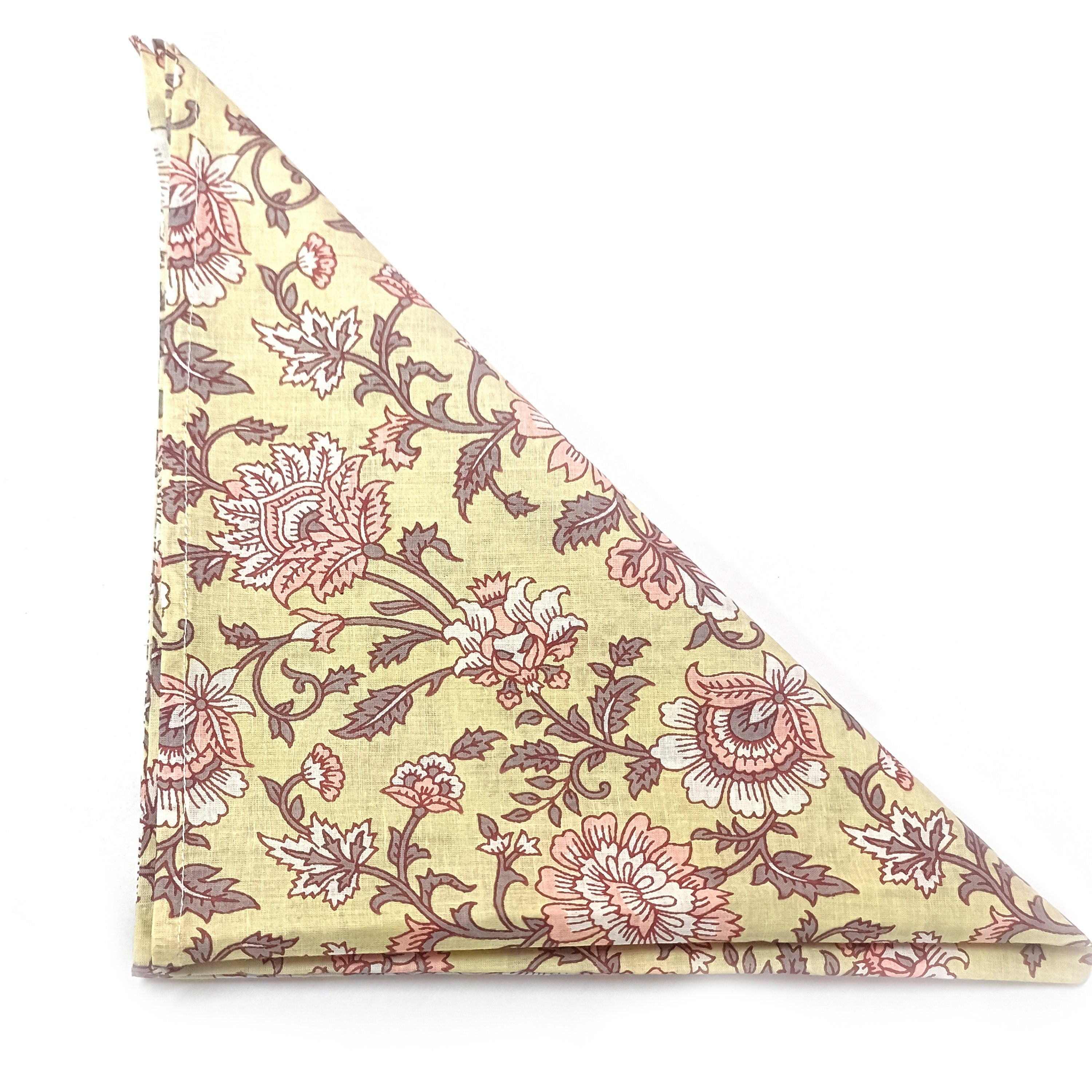 Hand Printed Cotton Dinner Napkins: Floral Block Print, Set of 4