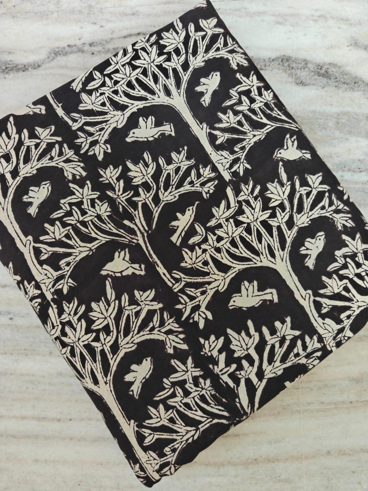 Black and White Cotton Fabric by Yard, Bird Tree Block Print Fabric, Indian Hand Block Cotton, Nature Botanical Fabric for Dressmaking