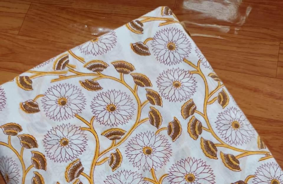 Mustard Floral Cotton Fabric by the Yard | Hand Block Print Fabric | Indian Soft Cotton Material for Sewing, Quilting, Dressmaking & Crafts