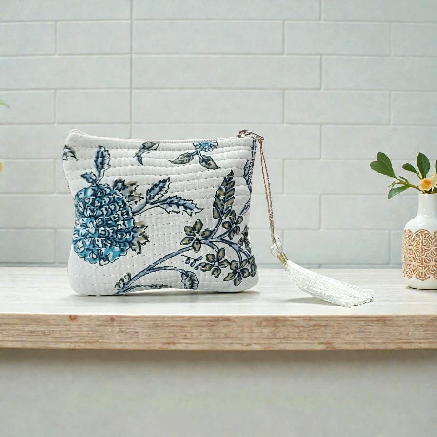 Handmade Mini Quilted Pouch | Blue Floral Block Print | Small Zipper Bag with Tassel | Personalized Fabric Pouch | Block Print Accessory Bag