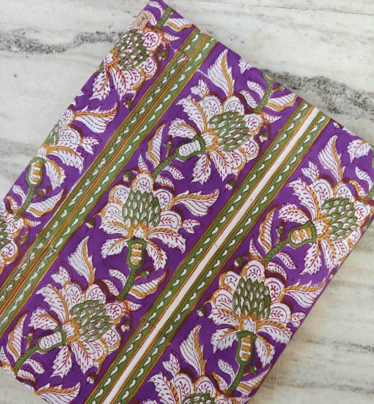 Purple Floral Cotton Fabric by the Yard, Indian Block Print Fabric, Green White Lotus Pattern, Boho Quilting Sewing Craft Material, Napkins