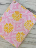 Pink Floral Cotton Fabric, Lemon Slice Hand Block Fabric Print by the Yard, Yellow Citrus Print on Striped Background, Indian Soft Cotton