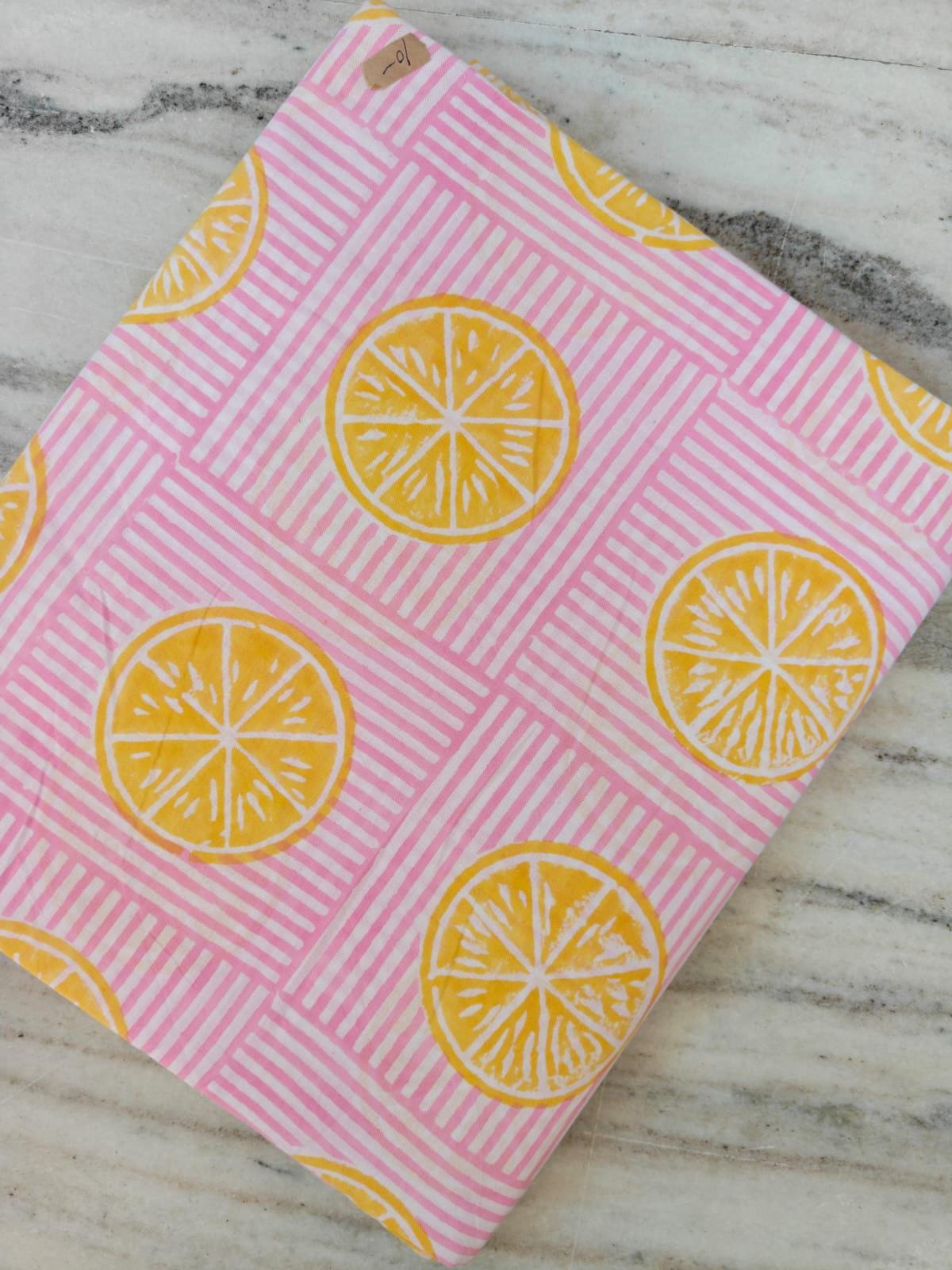 Pink Floral Cotton Fabric, Lemon Slice Hand Block Fabric Print by the Yard, Yellow Citrus Print on Striped Background, Indian Soft Cotton