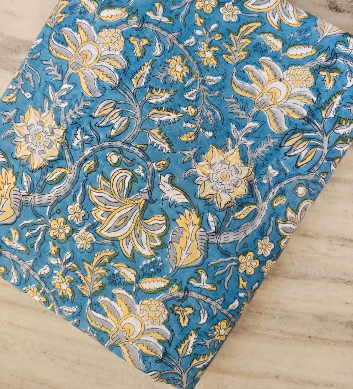 Blue Floral Vine Cotton Fabric, Indian Block Print Cotton Fabric, Yellow Floral Fabric by Yard, Boho Dressmaking Fabric, Quilting Fabric