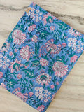 Blue Pink Indian Hand Block Print Fabric, 100% Cotton Quilting Fabric By The Yard, Fabric Dressmaking, Loose Running Fabric, Napkin Fabric