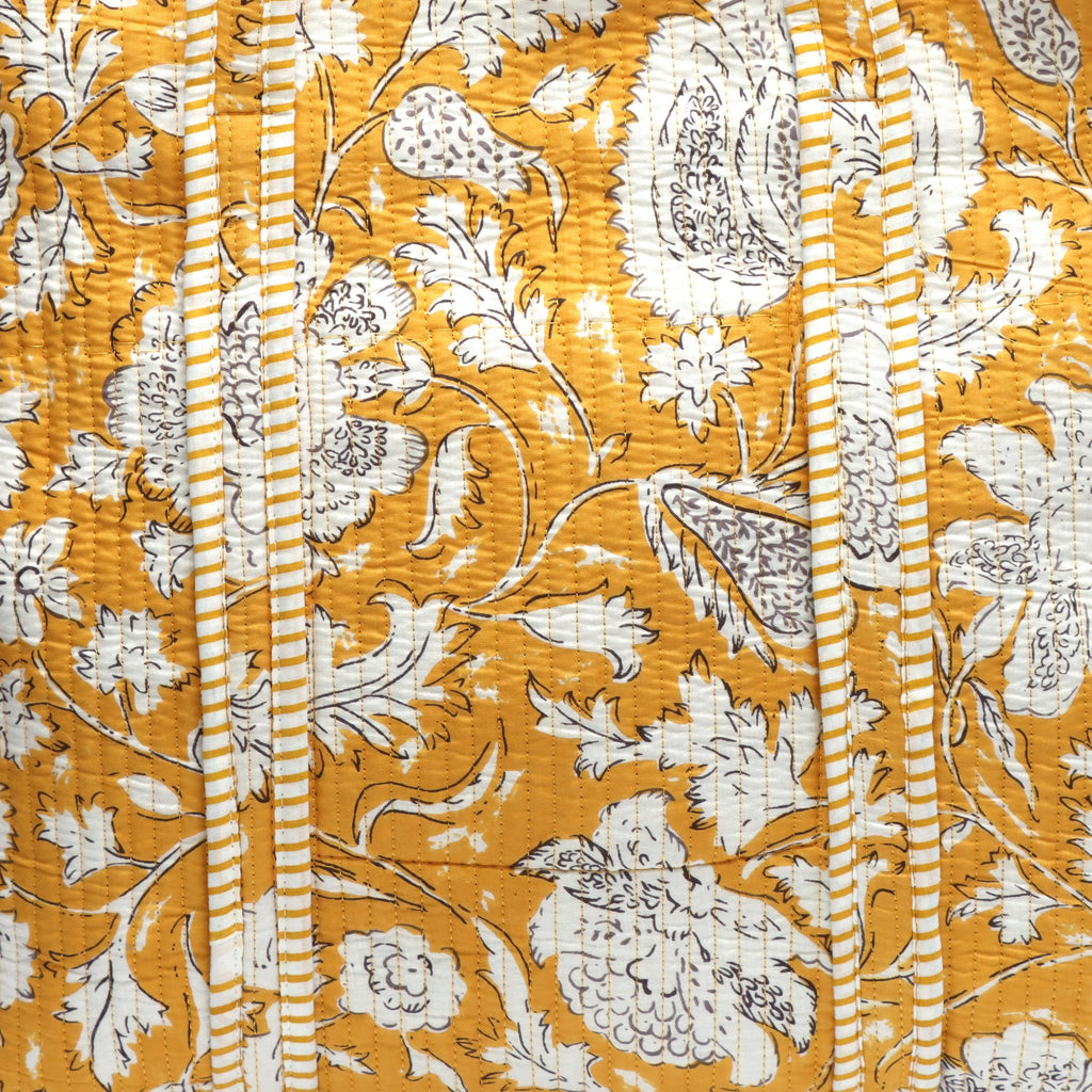 Mustard Handmade Quilted Cotton Tote Bag, Floral Shoulder Bag, Large Everyday Tote Purse, Block Print Market Bag, Shopper Gift for Women