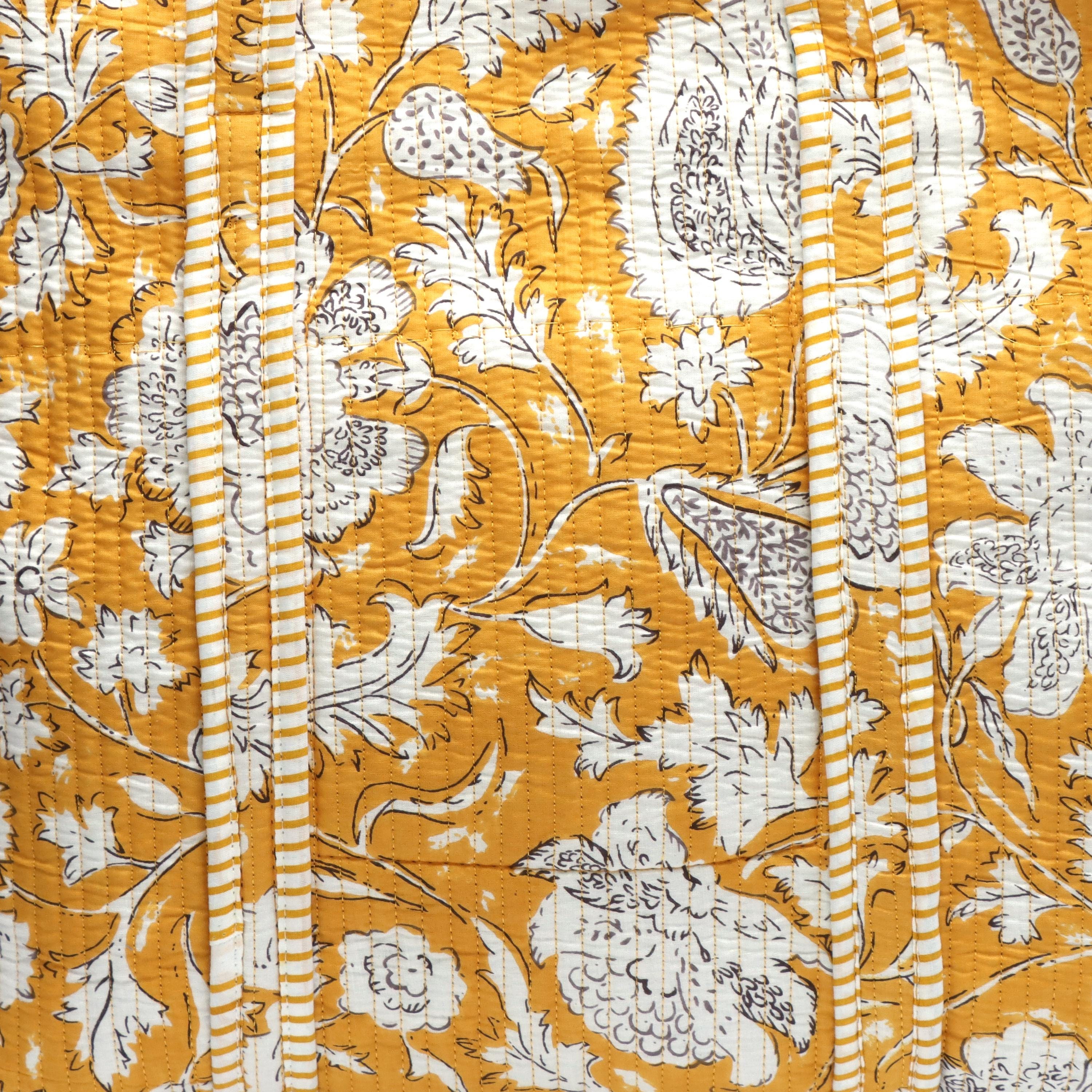 Mustard Handmade Quilted Cotton Tote Bag, Floral Shoulder Bag, Large Everyday Tote Purse, Block Print Market Bag, Shopper Gift for Women