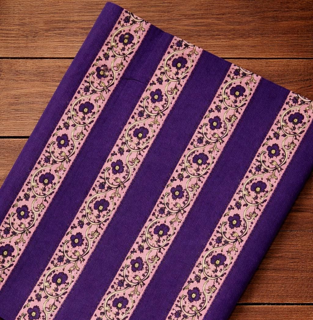 Purple Striped Floral Cotton Fabric, Hand Block Print Border Design Indian Textile, Boho Cotton Fabric for Quilting, Loose Running Fabric