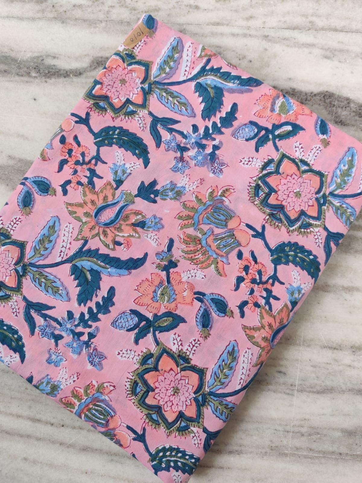 Pink Floral Cotton Fabric by the Yard | Hand Block Printed Indian Fabric for Sewing, Quilting, Dressmaking | Soft Lightweight Cotton Fabric