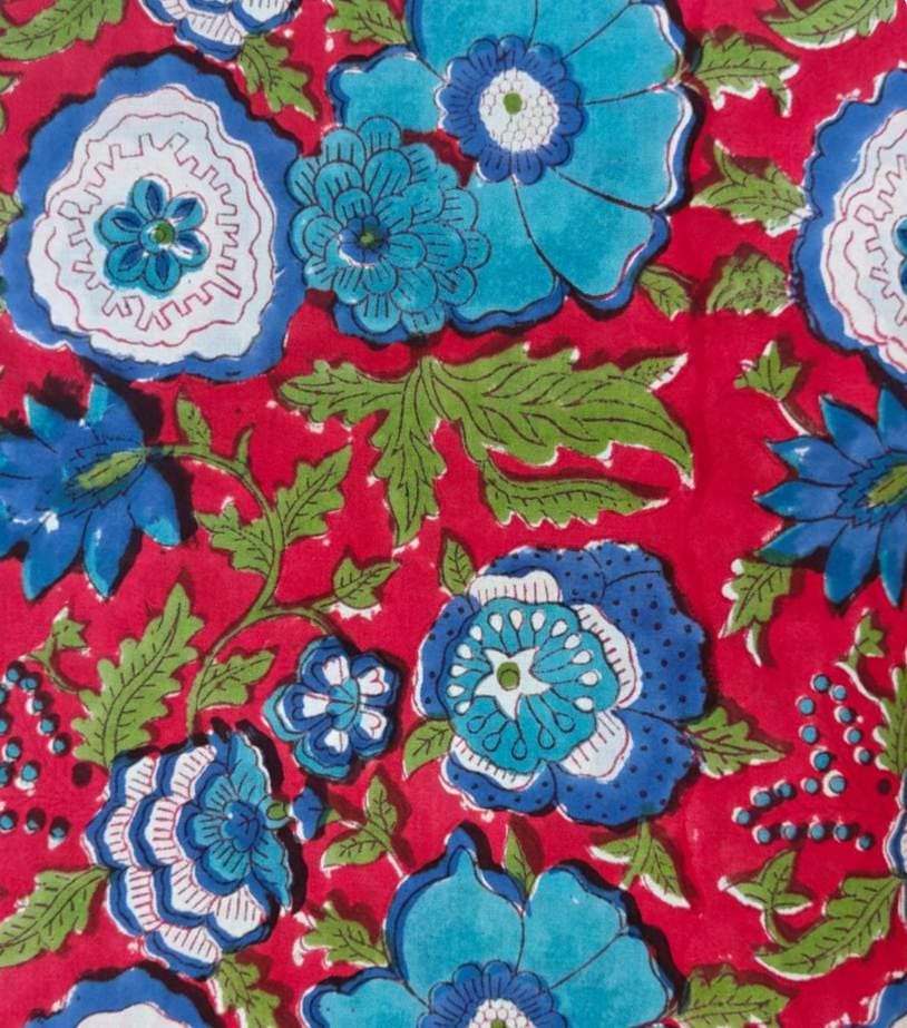 Red Floral Cotton Fabric, Blue Flower Indian Block Print Fabric, Floral Fabric by the Yard, Quilting Sewing Fabric, Handmade Cotton Textile