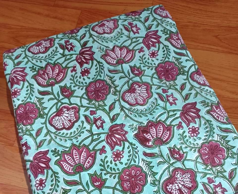 Pink Indian Hand Block Print Fabric, Floral 100% Cotton Quilting Fabric By The Yard, Dressmaking Fabric, Loose Running Fabric, Napkin Fabric