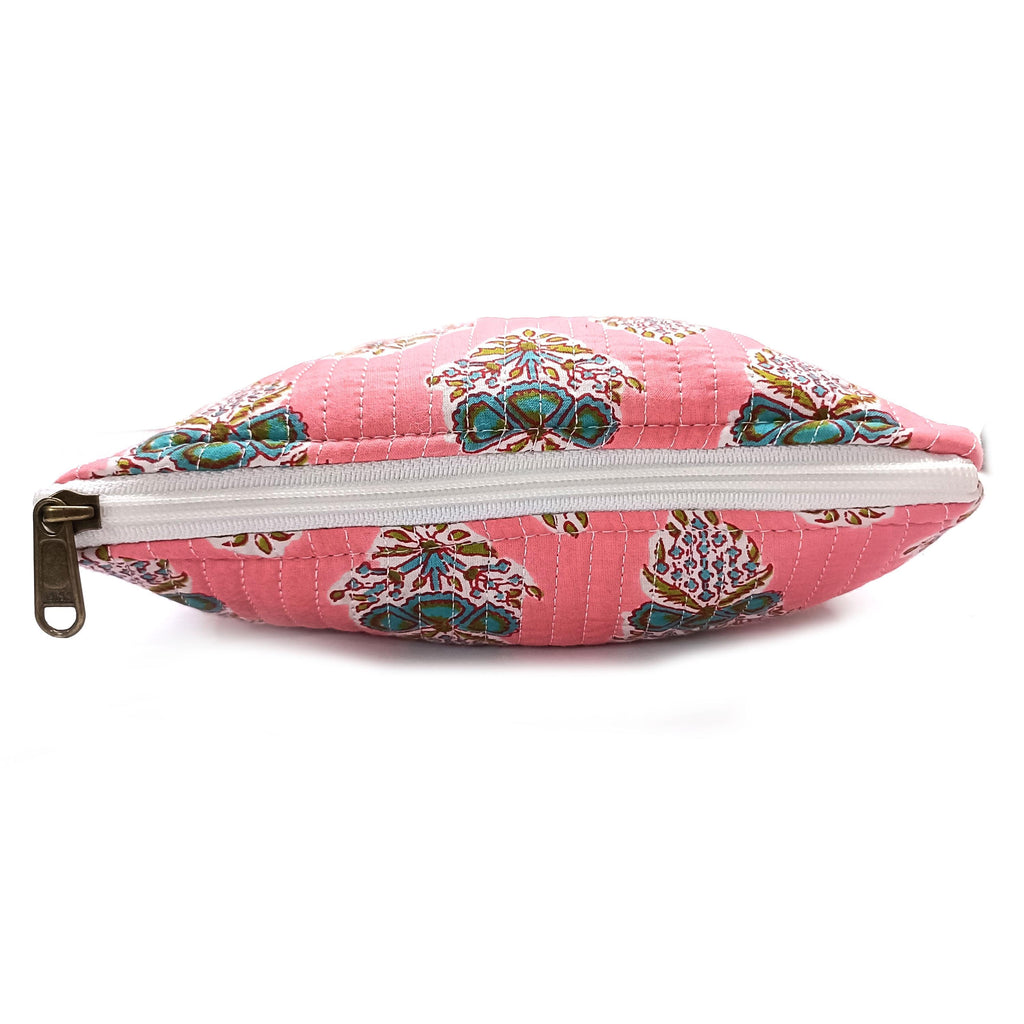 Pink Floral Quilted Pouch: Cotton Makeup Cosmetic Bag
