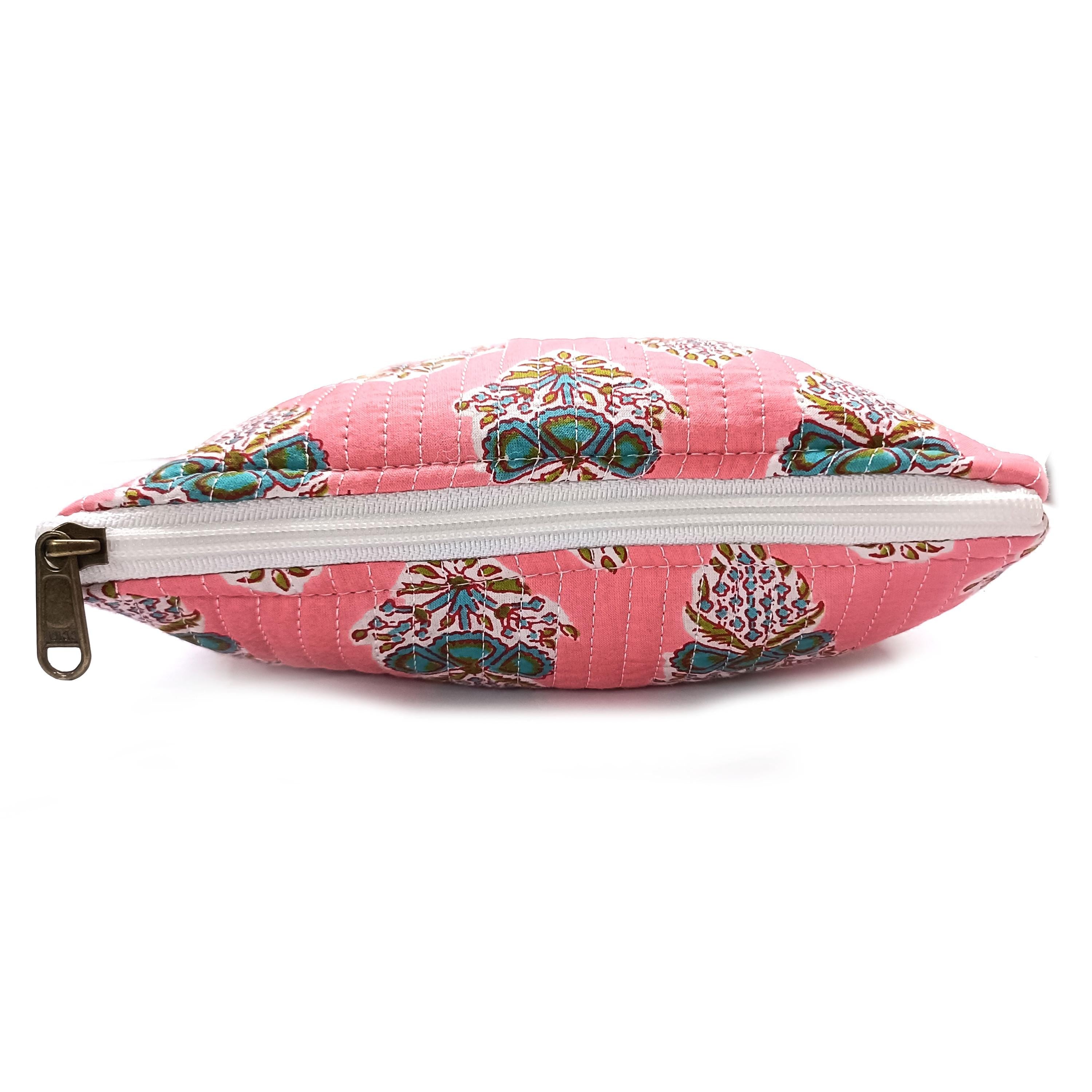 Pink Floral Quilted Pouch: Cotton Makeup Cosmetic Bag