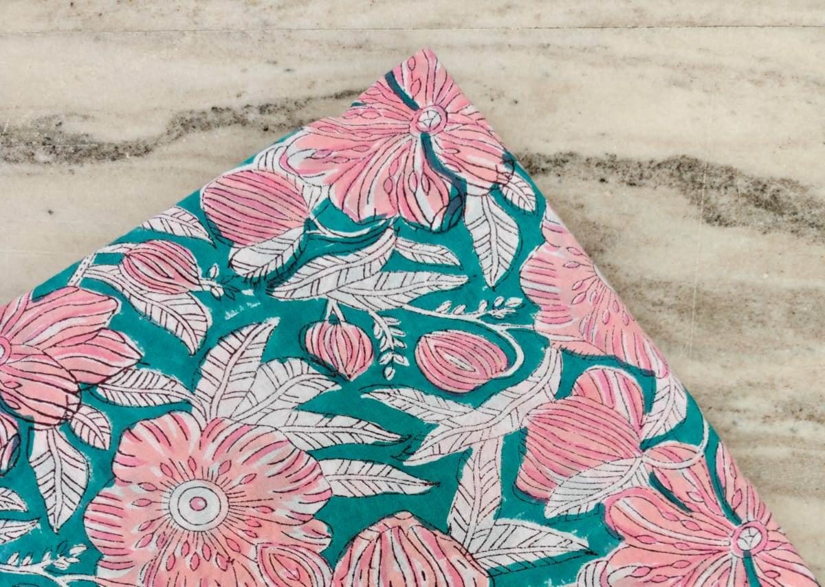 Teal Pink Floral Cotton Fabric, Hand Block Printed Fabric by the Yard, Soft Indian Cotton Sewing, Dressmaking, Summer Floral Print Fabric